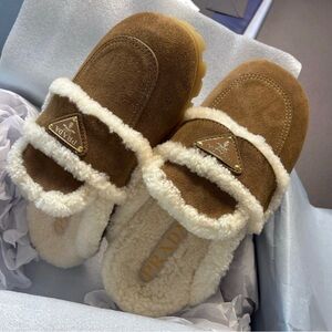Prada Brown Suede Shearling-Lined Mule Slippers